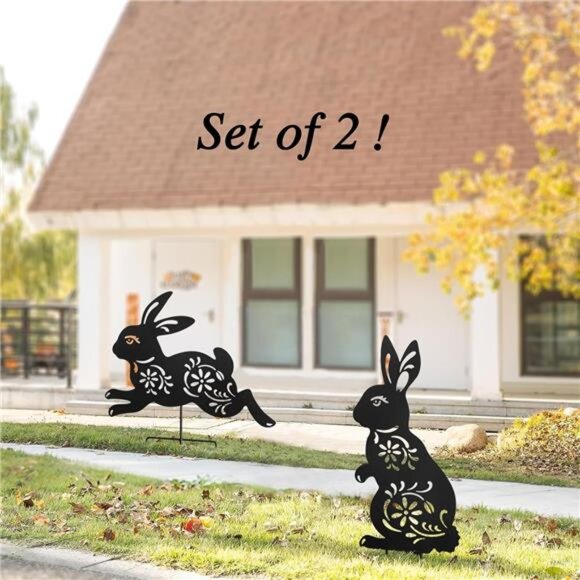 Outdoor Bunny Garden Decor,Set of 2 Metal Rabbit Yard Stakes,Easter Silhouette - Picture 3 of 7